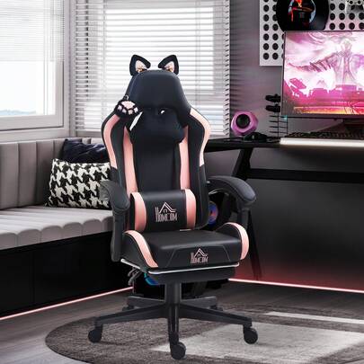 HOMCOM Gaming Chair For Adults With Cat Ears, Reclining Computer Chair With Footrest, Faux Leather Game Chair With Lumbar Support And Headrest, Height Adjustable Swivel PC Chair, Pink