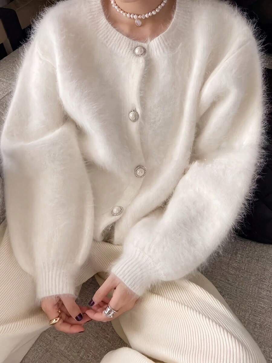 全新秋冬宽松优雅纽扣开衫 - 白色 - 查看 1
