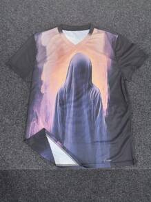 Men's Vintage White Smoky Mysterious Figure Shadow Graphic Print Short Sleeve T-Shirt, Summer Street Style
