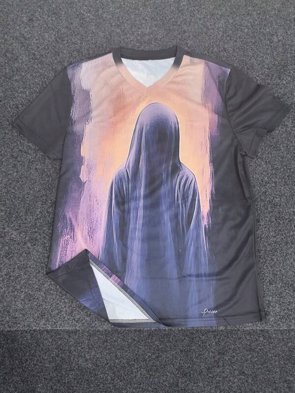 Men's Vintage White Smoky Mysterious Figure Shadow Graphic Print Short Sleeve T-Shirt, Summer Street Style