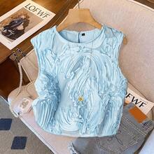 新款刺绣网纱欧根纱时尚半透明女士休闲上衣 - 藍色 - 查看 1