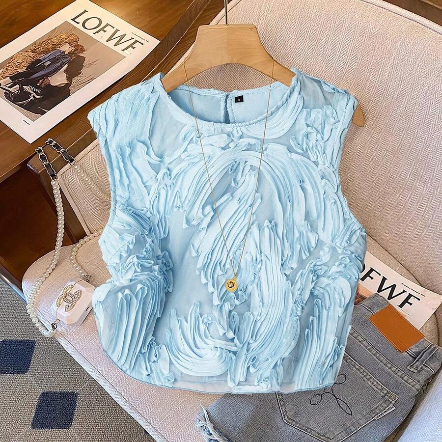 新款刺绣网纱欧根纱时尚半透明女士休闲上衣 - 藍色 - 查看 1