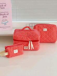 Juego de bolsas organizadoras de gran capacidad para el hogar con cremallera, bolsa de tocador portátil y con asa, bolsa de almacenamiento de cosméticos con diseño acolchado y de cuadrícula clásica en color rojo, bolsa cuadrada pequeña para almacenar toallas sanitarias, bolsa de maquillaje multifuncional para el hogar con asa, regalos para el Día de San Valentín, Navidad, Acción de Gracias, suministros para damas de honor y bodas