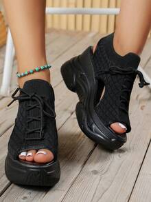 Casual Simple Knit Hollow Out Lace-Up Platform Wedge Running Sports Sandals For Women,Rubber Women Casual Shoes,2025 New Sports Sandals - 黑色 - 查看 3