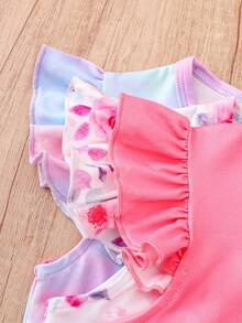 Chatreadl 3pcs/Set Young Girls Cute Pony & Floral Print Pattern Princess Style Gradient Milk Silk Fabric Children's Fashionable New Flutter Sleeve Dress, Suitable For Spring/Summer Outdoor - Multicolor - View 4