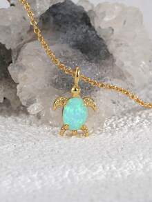 Charm-In 1 chiếc vòng cổ mặt dây chuyền rùa biển Opal xanh Úc mạ vàng 18K - vàng/đá xanh - Xem 3