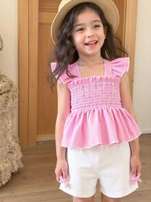 Áo dây đeo spaghetti sọc ngang mùa hè cho cô gái trẻ với bộ quần short trơn và viền bèo, có trang trí nơ, trang phục cô gái trẻ - Hồng - Xem 4