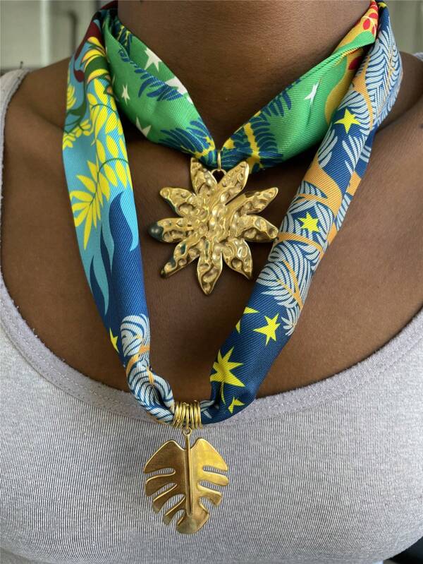 Elegant Silk Scarf Necklace With Stainless Steel Leaf & Flower Pendant, Unique Charm Necklace