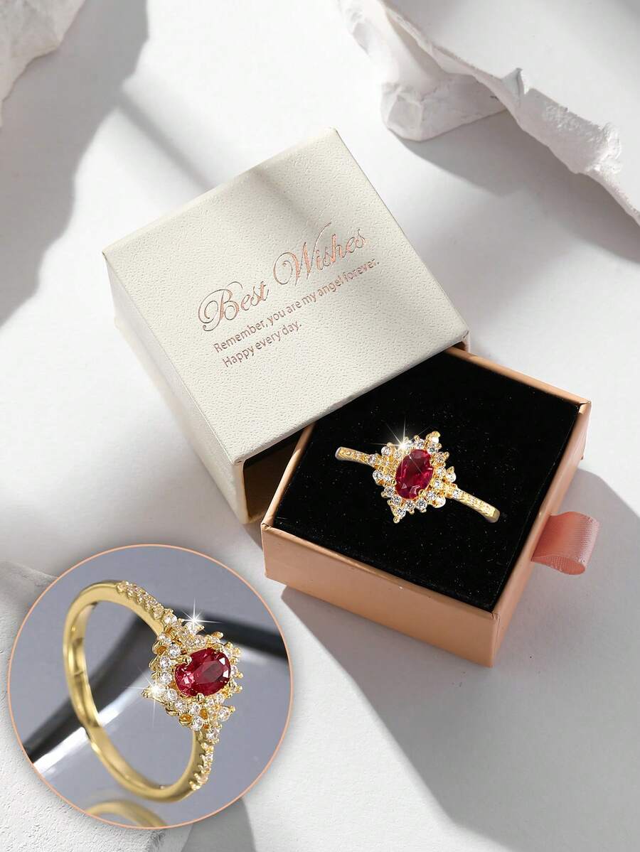 Elegant CZ Women's Gold Ring, Pomegranate Red Cubic Zirconia Jewelry Suitable For Wedding, Engagement, Holiday Gifts