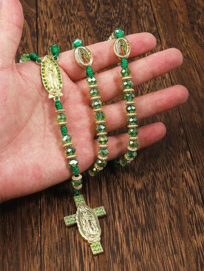 1 件圣母玛利亚十字架吊坠珠项链，人造水晶珠长吊坠项链