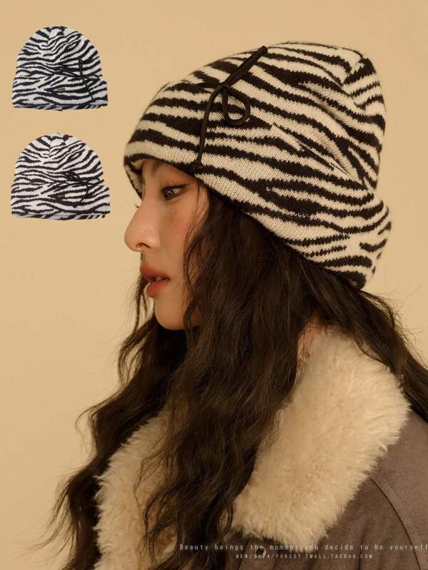 1 pieza Gorro de punto con patrón de cebra a rayas unisex, gorro gorra de protección contra la orejeras con efecto de calentamiento de invierno para mujer, adecuado para uso diario