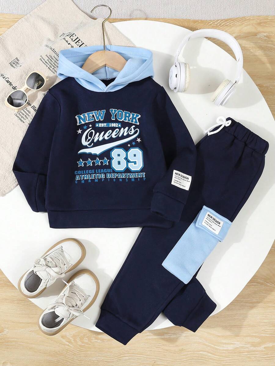 2pcs Young BoyCasual Sports "NEW YORK" Print Hooded Sweatshirt + Pants Set, Autumn/Winter - Navy Blue - View 1