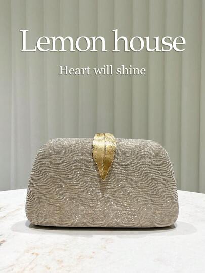 1 件优雅闪光条纹叶子装饰时尚金色手拿包，适合晚会、婚礼、正式场合