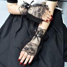 1 Pair Lolita Style Lace Ruffled Wrist Gloves Women Party Dress Accessories Fingerless Black White Lace Wrist Sleeves Cuff Decor Gloves