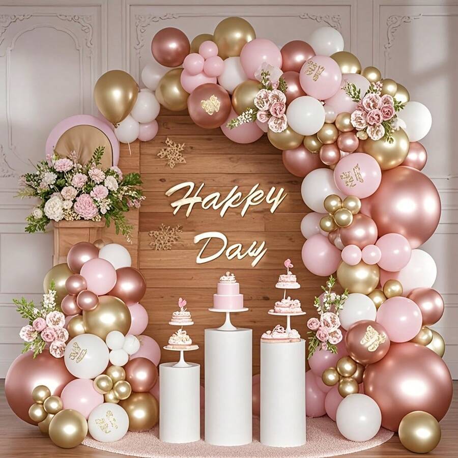 119pcs Rose Gold And Pink Balloon Arch Kit, Chrome Latex Balloons, Suitable For Wedding, Engagement, Valentine's Day, New Year, Birthday, Baby Shower, Gender Reveal, Birthday, Room Party Decoration