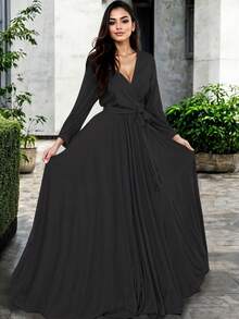 Constanza Women's Casual And Elegant Front Knot Long Sleeve Deep Neck Dress