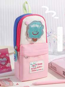 1pc Creative Colorblock Stationery Pouch, Large Capacity, Cute Patches, Minimalist Design, Unique,For School Supplies,Back To School