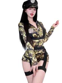 1pc Camouflage Print Police Costume, Suitable For Cosplay, Music Festival And Events (Clothing + Suspender Straps For 88-132 Lbs Body Weight)