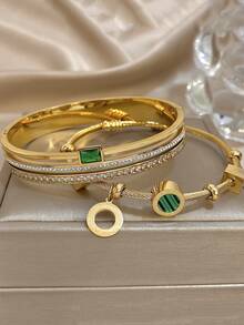 Conjunto de Joias de Pulseiras Rígidas Retro de Luxo em Aço Inoxidável Dourado com Zircónia Verde para Mulher, Elegante para Uso Diário/Verão/Festa, Presente para Mãe, Dia dos Namorados e Aniversário - Multicolorido - Ver 3