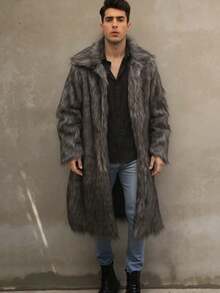 New Men's Square Collar Faux Fur Long Coat , Fall Winter - Dark Grey - View 4