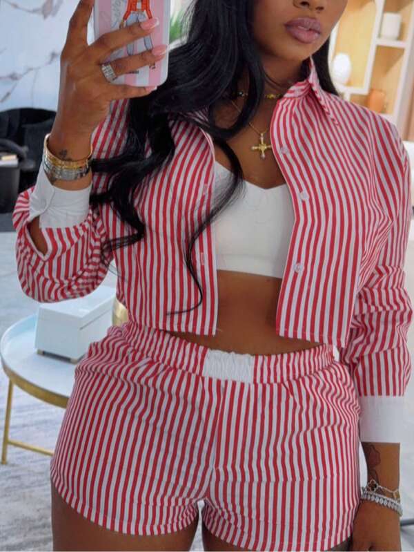 Striped Long Sleeve Shorts Set With Lapel