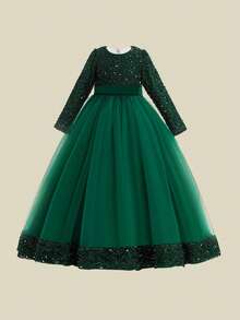 少女长袖亮片网纱奢华生日派对礼服，适合学校舞会、晚宴等场合，不含头饰 - 墨綠色 - 查看 2