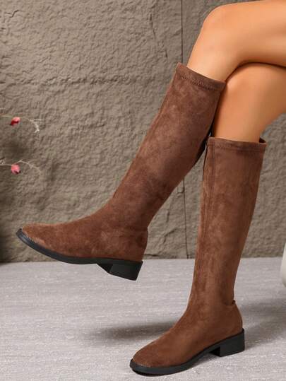 【尺码偏小一码】女士圆头棕色绒面过膝长靴，2025秋冬新款必备单品，弹力修身高筒靴，柔软舒适内衬