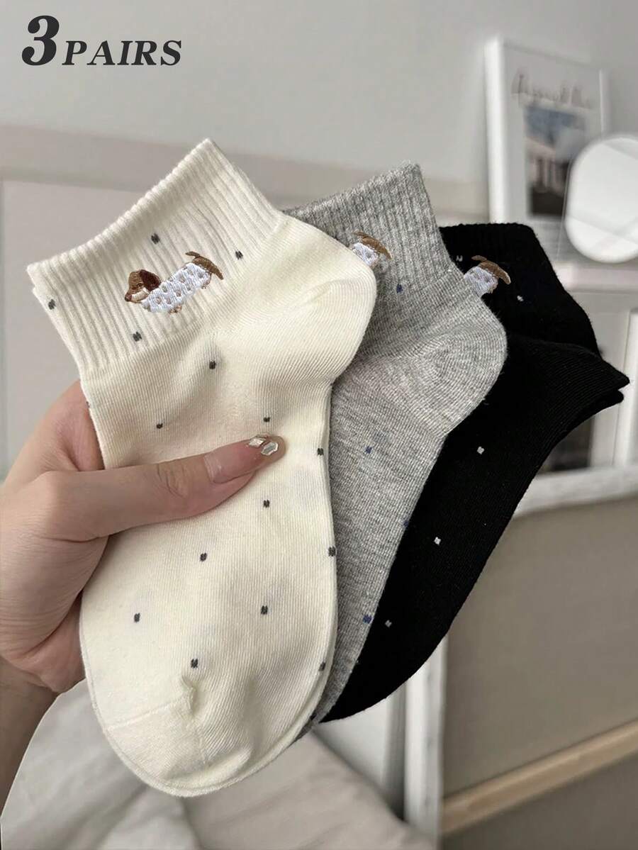 3 Pairs Women Black, White & Gray Combination Ankle Socks, Cute Dachshund Embroidery, Ribbed Design, Breathable Knit Fabric, Minimalist & Cute Style, Suitable For Home, Commute, Dating, Holiday Gift