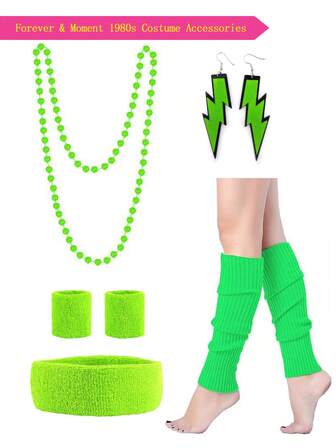 Forever & Moment 5 件 1980 年代女士霓虹派对服装配饰套装头带腕带闪电耳环人造珠项链腿套舞台舞蹈表演角色扮演节日礼物，万圣节