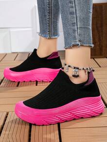 Women's Platform Sneakers Black With Pink Sole, Chunky Comfortable Athletic Shoes, Fashion Casual Walking Shoes With Ankle Chain - Perfect Gift Idea - 黑玫紅 - 查看 3