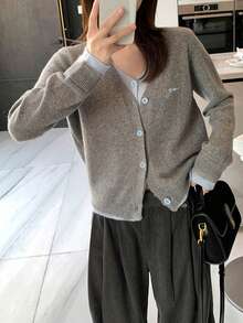 Alicedudu Women's Autumn/Winter Minimalist V-Neck 2 In 1 Sweater Cardigan - Light Grey - View 4