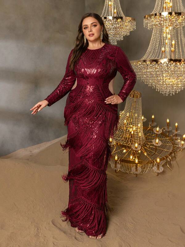 Robe de soirée de luxe pour femmes Curve Plus : Col rond, design à manches longues avec fente élégante dans le dos, jupe sirène féminine et découpe attrayante à la taille - parfaite pour les événements en tenue de soirée, les grands galas, les réceptions de mariage Top de gamme, les bals d'anniversaire de luxe et les prestigieuses collectes de fonds de bienfaisance