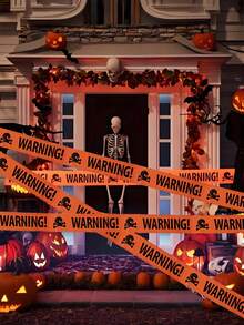 1 件恐怖万圣节户外装饰，万圣节橙色海盗骷髅警示胶带，适用于万圣节派对房间装饰丝带，户外装饰 DIY 彩带，窗户、门、护栏装饰，禁止进入非粘性胶带，万圣节装饰