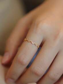 GAGAFEEL 1 件 S925 纯银心电图波浪 V 形戒指适合女性简约时尚小手指合成锆石戒指完美节日礼物 - 金色 - 查看 3