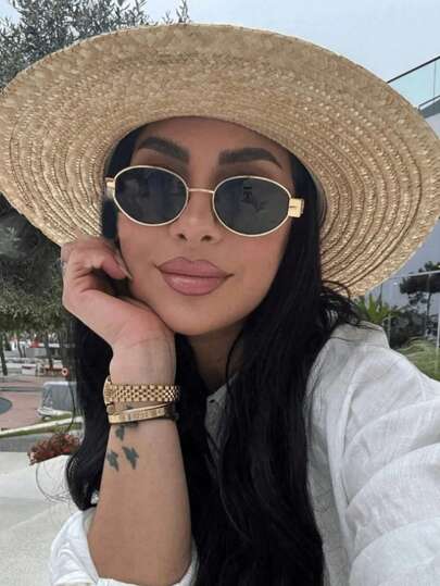 1pc Oval Personalized Metal Vintage Fashion Sunglasses, Suitable For Women, Fashion Accessory For Summer Beach Vacation, Outdoor, Travel, Retro Oval Frame, INS Street Vintage Fashion Sunglasses With Travel Beach Accessories, Vintage Y2K Sunglasses Suitable For Daily Use And Outdoor Activities
