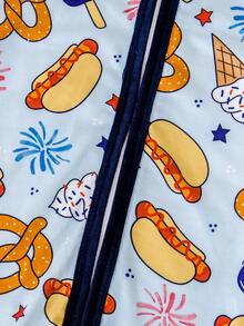 1pc Baby Boy Overall Romper With Hot Dog, Pretzel, Ice Cream, Ice Lolly Prints, Round Neck Long Sleeve Contrast Color Zipper Design, Suitable For Daily Casual Wear