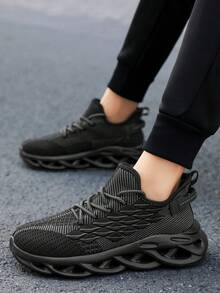 男士新款休闲运动鞋，时尚百搭网眼前系带轻便舒适跑步鞋 - 黑色 - 查看 6