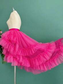 欧美风轻盈闪亮单件式系带三层新娘衬裙，带拖尾，秋季女装，情人节配饰 - 玫瑰紅 - 查看 5