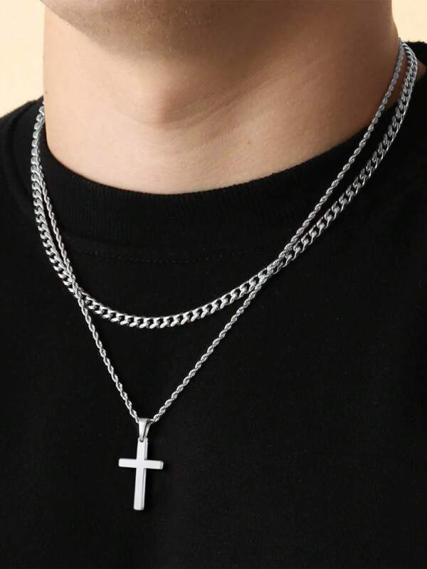 2pcs Stainless Steel Twisted Chain Necklace & Cross Pendant Necklace Set, Stylish & For Men