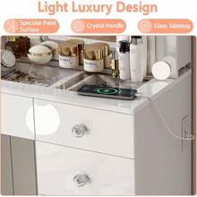Wanan Vanity Desk With Power Outlet, Makeup Vanity With Mirror And 14 LED Light, 3 Lighting Modes,11 Drawer Vanity Table With Sliding Jewelry Storage, Glass Top, Specular Surface, White - 粉色 - 查看 5