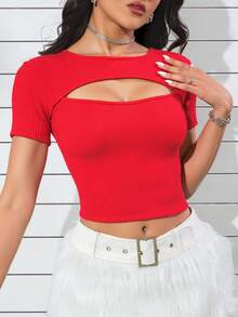 Blusa crop top dama mujer manga corta abertura frontal pecho cut out escote sensual entallado ajustado ceñido suave y2k cool aesthetic juvenil casual moderno verano diario dia noche primavera playa calor comodo fresco ligero - Rojo - Ver 1