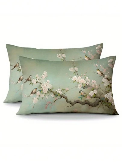 1/2pcs Vintage Shrub Bird Print Waist Pillow Cover, Short Plush Knitted Fabric, Zipper Closure, Hand Wash Only, Sofa Decorative Cushion Cover, 12" X 20" - No Insert