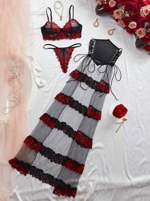 Women's Sexy Lingerie Set, Sheer Lace Ruffle Hem, Suitable For Holidays And Weddings - 黑色 - 查看 8