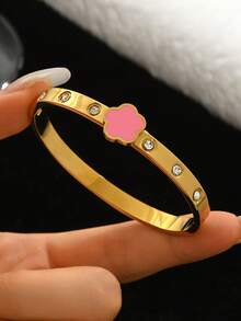 3pcs Fashion 18K Gold Plated Stainless Steel Four-Leaf Clover Nail Bracelet, Suitable For Women's Party, Daily Wear, European And American Style, Personalized, Generous, Luxury Cubic Zirconia Wristband, Wedding Jewelry Set, Gift For Girls, Women, Relatives, Friends, Beautiful Wedding, Birthday, Valentine's Day, Mom, Mother, Mother's Day, Gift