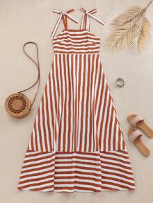 Fashionable Elegant Striped Print Maxi Slip Dress - Brown - View 4