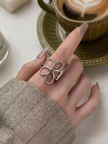 女士戒指，手工简约情侣戒指，简约花朵大戒指，派对珠宝礼物，预防过敏 - 銀色 - 查看 3