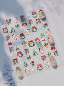 1 件装雪人圣诞树指甲贴纸冬季雪花红色蝴蝶结网格植物花环奢华水晶钻石自粘纸 DIY 指甲贴纸 - 彩色 - 查看 3