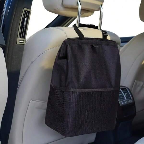 9.5L Car Back Seat Organizer Bag, Waterproof & Leakproof Foldable Storage With Multiple Pockets, Hanging Trash Can & Cooler Bag, Large Capacity For SUV, Camping, Travel Accessories (Black)