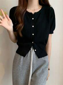 女士纯色前开襟短袖开衫，夏季黑色 - 黑色 - 查看 3