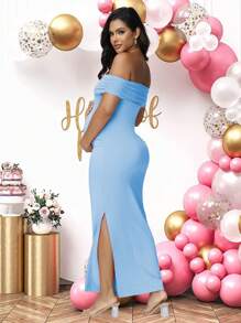 JustVH 孕妇优雅透视露肩无袖连衣裙，适合迎婴派对和拍照，夏季 - 淺藍色 - 查看 2